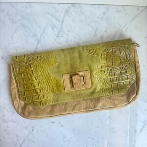 L.A.M.B. Embossed Leather Suede Clutch Bag Yellow Tan Lime Green Y2K